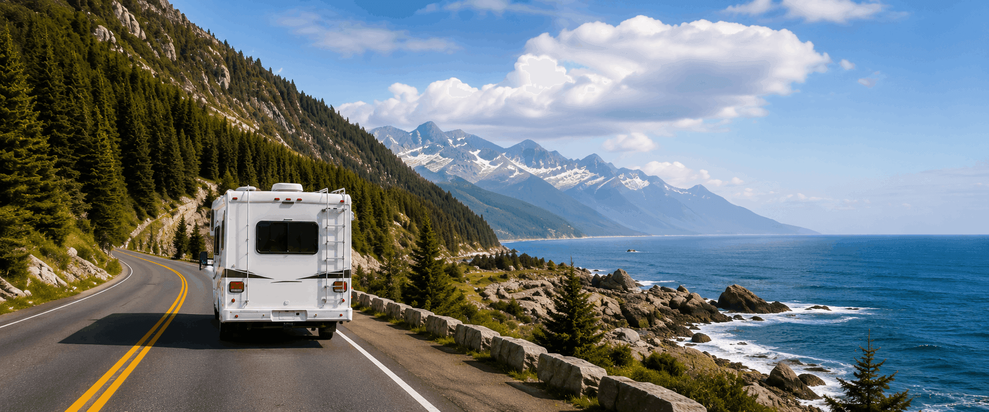 Wohnmobil auf einer Küstenstraße mit Blick aufs Meer