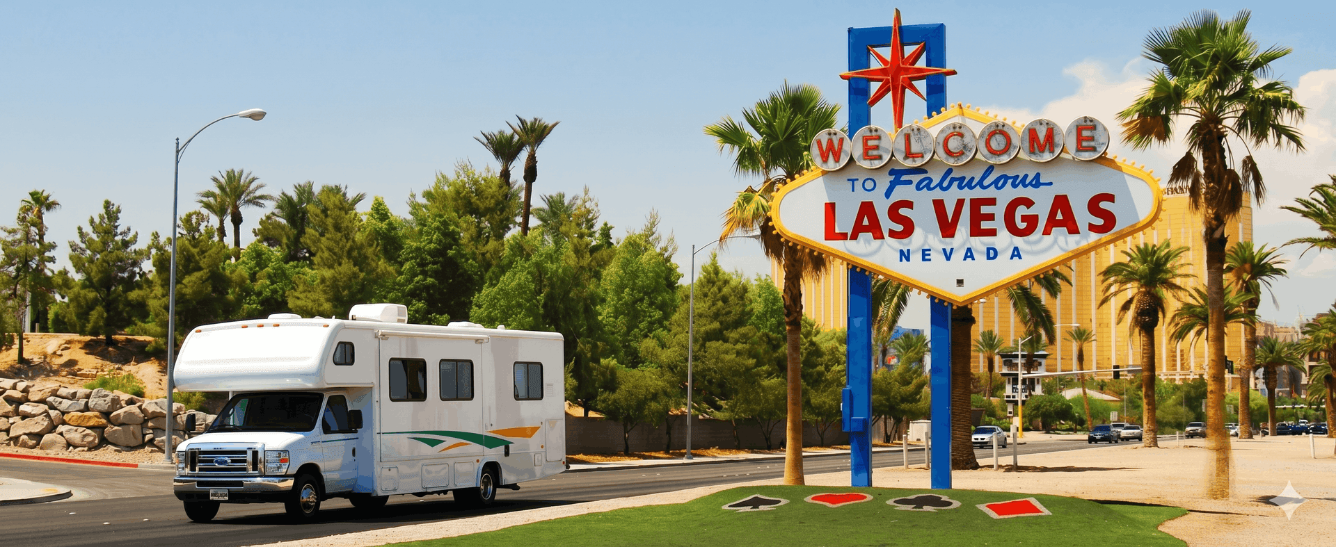 Las Vegas Strip zur goldenen Stunde mit Bergen im Hintergrund